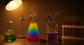 A laboratory setup featuring a conical flask with a colorful, bubbling rainbow