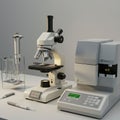 Laboratory setup featuring a microscope with adjustment knobs and multiple lenses.