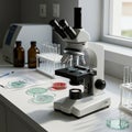 A laboratory setup featuring a microscope with multiple objectives, placed on a white