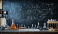 Laboratory setup with glassware and chalkboard diagrams, various flasks and beakers filled with colorful liquids
