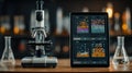 Laboratory Setup With Microscope and Tablet Displaying Data Analysis Royalty Free Stock Photo