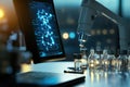 Laboratory setup showing microscope, vials, and digital display of molecular structure analysis Royalty Free Stock Photo