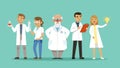 Laboratory team. Team of scientists or doctors, researchers. Cartoon hospital personal, virologists vector illustration