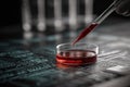Laboratory technician conducting experiments with red liquid in petri dish on circuit board background Royalty Free Stock Photo