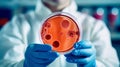 Laboratory technician showing a petri dish with bacteria or virus growth. Generative Ai