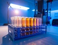 Laboratory Test Tubes in a Clear Rack Under Blue Light Royalty Free Stock Photo