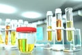 Laboratory test tubes in modern biochemistry office - urine quality test for covid-2019 or calcium oxalates, medical 3D