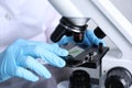 Laboratory testing. Scientist examining sample on slide under microscope indoors, closeup Royalty Free Stock Photo