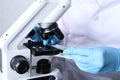 Laboratory testing. Scientist examining sample on slide under microscope indoors, closeup Royalty Free Stock Photo