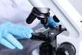 Laboratory testing. Scientist examining sample on slide under microscope indoors, closeup Royalty Free Stock Photo