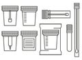Laboratory tests containers. Test urine, biomaterial, feces, semen, and blood in plastic jars with lids. Outline vector