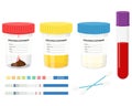 Laboratory tests. Test urine, feces, semen, and blood in plastic jars with colored lids