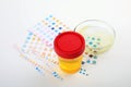 Laboratory ware with urine samples for analysis on background Royalty Free Stock Photo