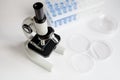 Laboratory work with microscope top view Royalty Free Stock Photo