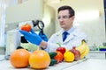 Laboratory worker examining fruits and vegetables and making analysis for pesticides and nitrates.