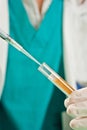 Gloved hand holding test tube with urine label Royalty Free Stock Photo