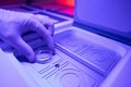 Laboratory worker placing embryos into chamber with heated lid and bottom