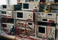 A laboratory workspace featuring a collection of electronic testing equipment. Several oscilloscopes Royalty Free Stock Photo