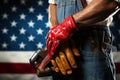 Laborer with toolbelt, gloves, measure embodies Labor Day spirit against US flag