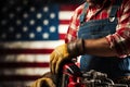 Laborer with toolbelt, gloves, measure embodies Labor Day spirit against US flag