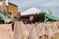 Laborers working in Chouwara tannery. Fez El Bali Medina. Morocco. Royalty Free Stock Photo