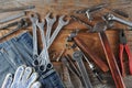 Labour day background concept - Jeans, hammer Royalty Free Stock Photo