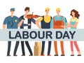 Labour Day banner with cartoon professionals isolated on white background