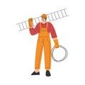 Labour Day with Happy Man Firefighter with Rope and Ladder Standing Vector Illustration Royalty Free Stock Photo