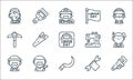 labour day line icons. linear set. quality vector line set such as pipe wrench, sickle, farmer, wrench, plumber, pick, sewing