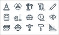 Labour day line icons. linear set. quality vector line set such as rulers, jackhammer, brick wall, paint roller, helmet, helmet,