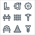 labour day line icons. linear set. quality vector line set such as screw, traffic cone, saw machine, jackhammer, brick wall,