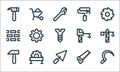 Labour day line icons. linear set. quality vector line set such as sickle, shovel, hammer, hand saw, saw machine, brick wall,