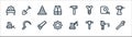 labour day line icons. linear set. quality vector line set such as wrench, jackhammer, gear, bulldozer, measuring tape, traffic