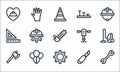 Labour day line icons. linear set. quality vector line set such as wrench, settings, axe, cutter, balloons, rulers, jackhammer,