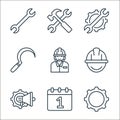 labour day line icons. linear set. quality vector line set such as gear, calendar, loud speaker, helmet, labor woman, sickle, gear Royalty Free Stock Photo