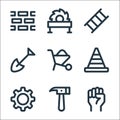 Labour day line icons. linear set. quality vector line set such as raise hand, hammer, gear, traffic cone, wheelbarrow, shovel,