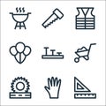 labour day line icons. linear set. quality vector line set such as rulers, glove, circular saw, wheelbarrow, nails, balloons, high