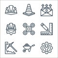 labour day line icons. linear set. quality vector line set such as settings, wheelbarrow, hoe, ruler, cogwheels, helmet, salary,