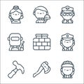 labour day line icons. linear set. quality vector line set such as worker, axe, hammer, policewoman, brick wall, welder, pilot,