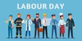 Labour day. Professional workers group, happy professionals of different jobs standing together and Labor Day poster or