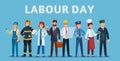 Labour day. Professional workers group, happy professionals of different jobs standing together and Labor Day poster or greeting