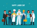 Labour day. Professionals group in uniforms of various professions. Scientist, doctor and worker, policeman and chef