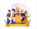 Labour Day On 1st May. A Group of Different kinds of workers. A Construction worker, Policeman, Fireman, and Female worker