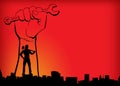 Labour Day world workers day red yellow orange background with hand man in city background building New Era resolution evaluation