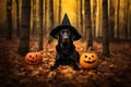 Labrador Dog In Black Witch Hat Sits In The Autumn Woods Next To Pumpkin On Halloween. Generative AI Royalty Free Stock Photo