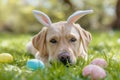 Labrador dog in bunny ears surrounded by colorful eggs on fresh grass Royalty Free Stock Photo