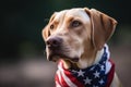 Labrador dog with neckerchief in colors of American flag. Generative AI