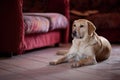 Labrador dog, purebreed, is lying on the floor at home near a sofLabrador dog, purebreed, is lying on the floor at home near a sof Royalty Free Stock Photo