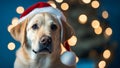 Labrador dog in a Santa Claus hat close-up on a blue background. New Year card Royalty Free Stock Photo