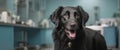 Labrador dog waiting for examination at the vet clinic. Black domestic animal is being examined by a doctor banner